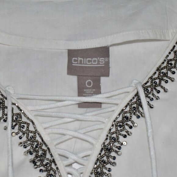 Chico's Embellished Neck Pullover Tunic Lace Up Top With Tassels Size S/4 - Picture 4 of 9